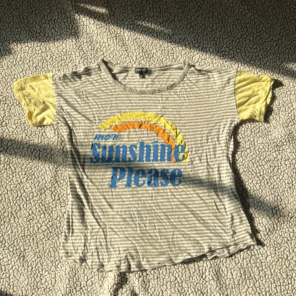 kids pajama shirt, “More Sunshine Please”, gray and white stripes